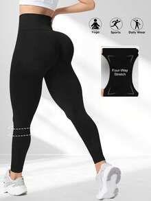 1pc Women's Solid Color High Waist Tummy Control Shapewear Leggings With Butterfly Logo, Stretchy Yoga Pants For Workout, Pilates, Outdoor Fitness, Casual Daily Wear