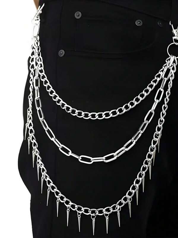 1pc Vintage Multi-Layer Rivet Pendant Chain, Punk Rock Style Jeans Chain, Versatile Waist Chain, Double Metal Iron Chain With Beads For Men And Women