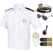 6PCS Men's Yacht Captain Sailor Costume Adult Shirt Hat Accessories Set Party Cosplay - 加大尺寸+白色 - 查看 4