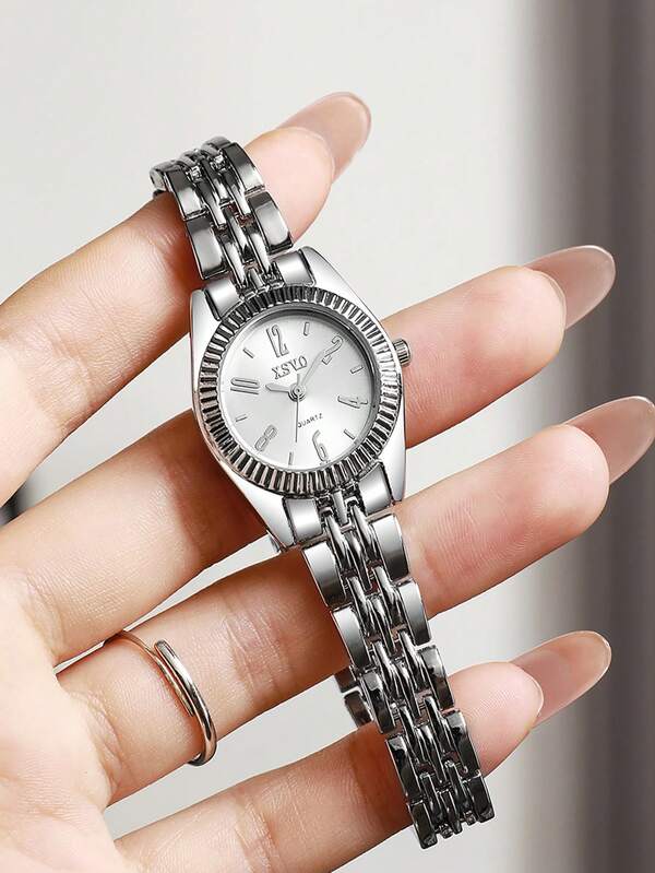 (Niñas) Reloj de cuarzo con correa de acero, esfera con puntos de diamante, estilo minimalista y de alta moda, adecuado como regalo de cumpleaños, promoción de fin de año, Día del Soltero 1 pieza/Set