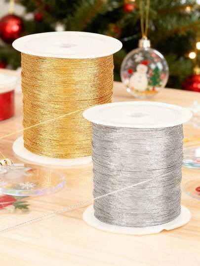 1 pieza Cordón metálico para manualidades, joyería, 0.2mm de grosor, redondo de colores mixtos dorado y plateado, 153 yardas (140m) cada rollo, cuerda decorativa versátil y duradera - Cordones para cuentas y adecuados para DIY Colgante de Navidad