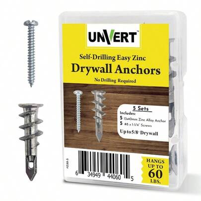 #8 Drywall Anchors And Screws Kit, Zinc Dry Wall Anchors Drywall Heavy Duty, Wall Anchors And Screws Self Drilling Drywall Anchor. Anchors No Pre Drill Hole Required 5 Pack