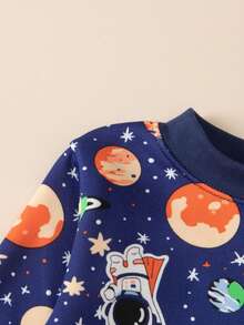 2 件套男童保暖内衬加厚太空宇宙全身印花睡衣套装，长袖上衣和裤子，秋冬 - 藍色 - 查看 4