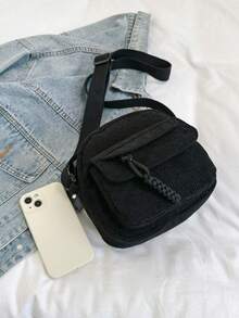 Elegant Corduroy Crossbody Bag, New Fashionable Personalized Square Shoulder Bag - Black - View 5