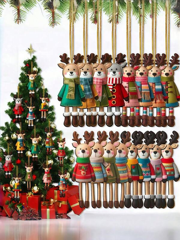 16 piezas - Decoraciones de renos de Navidad de colores en madera - Estilo clásico plano 2D, no 3D, hechas de madera, adecuadas para decoraciones de jardín y fiesta, decoraciones de Año Nuevo e invierno, suministros para fiestas en el hogar, decoraciones del hogar, decoraciones navideñas, decoraciones de habitaciones, decoraciones navideñas para árboles de Navidad, fiestas navideñas, adornos colgantes, árboles de Navidad, hogares, oficinas, aulas, caja de regalo multifuncional con adornos colgantes