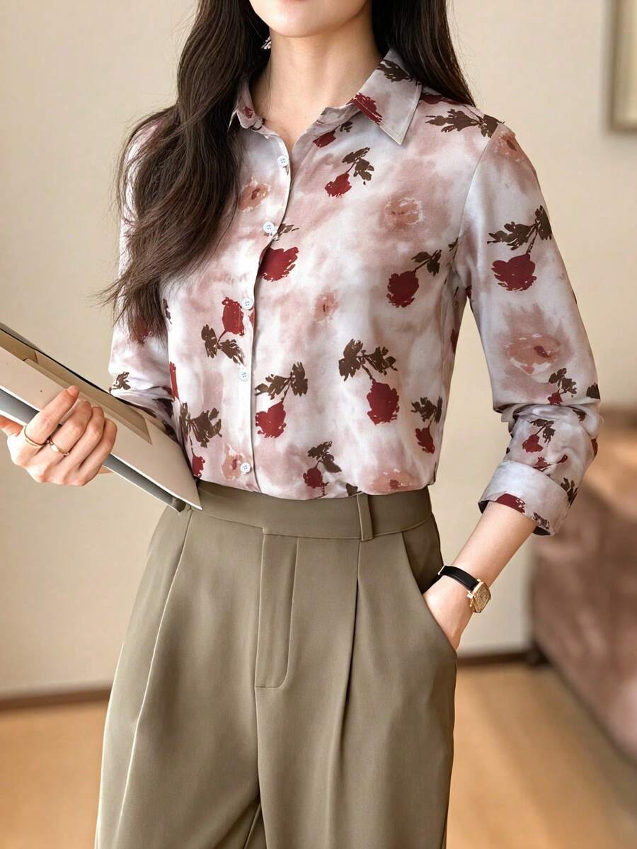 女士优雅印花长袖衬衫，休闲度假粉色春季款 - 粉色 - 查看 1