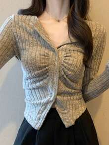 Meillard Women's Fitted Asymmetric Pleated Collar Short Knitted Cardigan Sweater Top Spring - Apricot - View 3