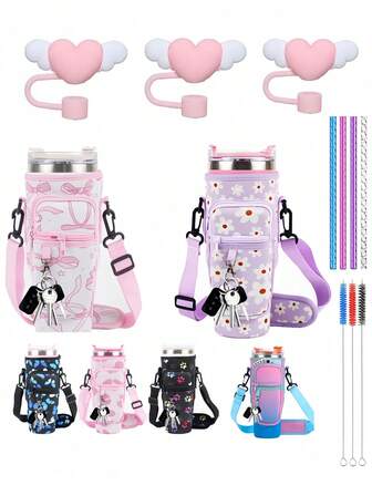 Juego de 4 accesorios para taza, adecuado para botellas de agua de 30/40 onzas, equipado con correas ajustables para el hombro y una bolsa de teléfono de gran capacidad. Incluye tapa de taza con estampado multicolor y degradado azul rosa + 1 pajita multicolor + 1 cepillo de limpieza de color + 1 pajita con forma de nube con corazón de dopamina. Accesorios para taza, accesorios para exteriores