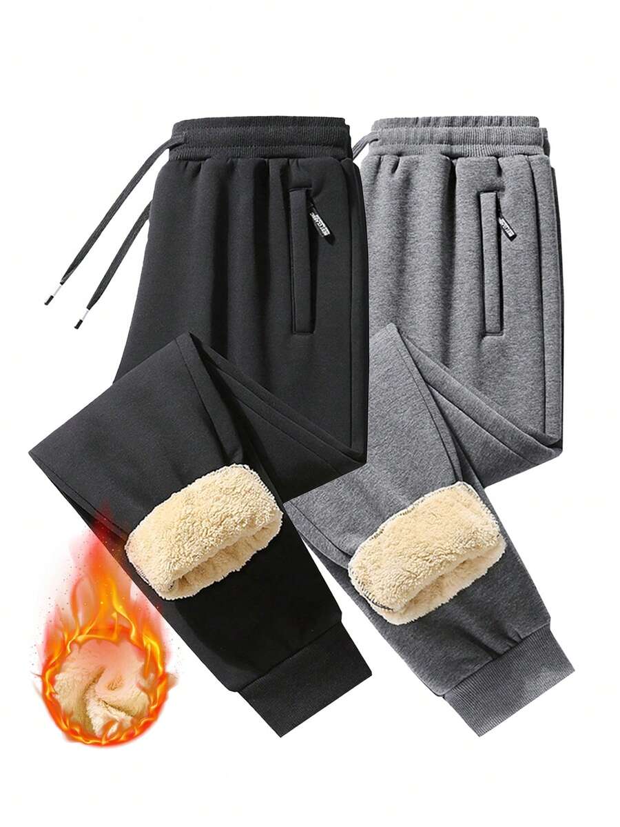1pc Men's Winter Thermal Lined Sweatpants, New Loose Fit Drawstring Waist Casual Pants - Black - View 1