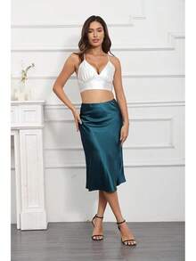 Womens Silky Satin Midi Skirt High Waist Elastic Waist A Line Skirt With Slit - Màu xanh lá cây đậm - Xem 5