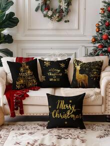 4 capas de almofadas decorativas de Natal, Papai Noel, boneco de neve, rena, árvore de Natal, estampa xadrez, zíper invisível, lavável, adequada para sala, decoração de sofá (sem enchimento de almofada) - Preto - Ver 1