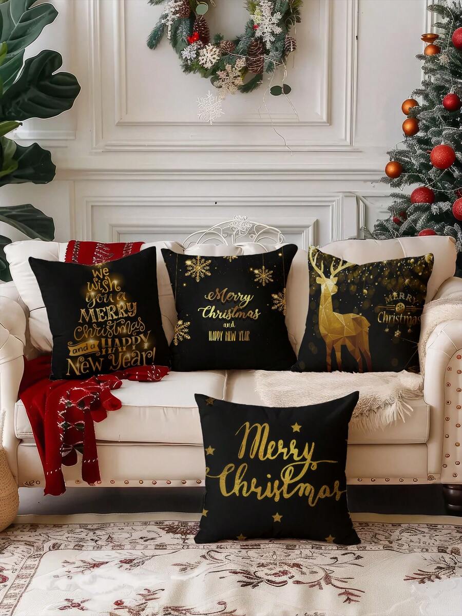 4 capas de almofadas decorativas de Natal, Papai Noel, boneco de neve, rena, árvore de Natal, estampa xadrez, zíper invisível, lavável, adequada para sala, decoração de sofá (sem enchimento de almofada) - Preto - Ver 1