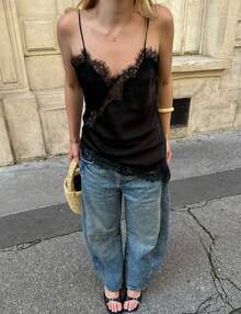 Women Satin Lace Camisole Top Sleeveless Spaghetti Strap Silk Lace Trim Cami Top Asymmetrical Tank Top Streewear - 黑色 - 查看 1