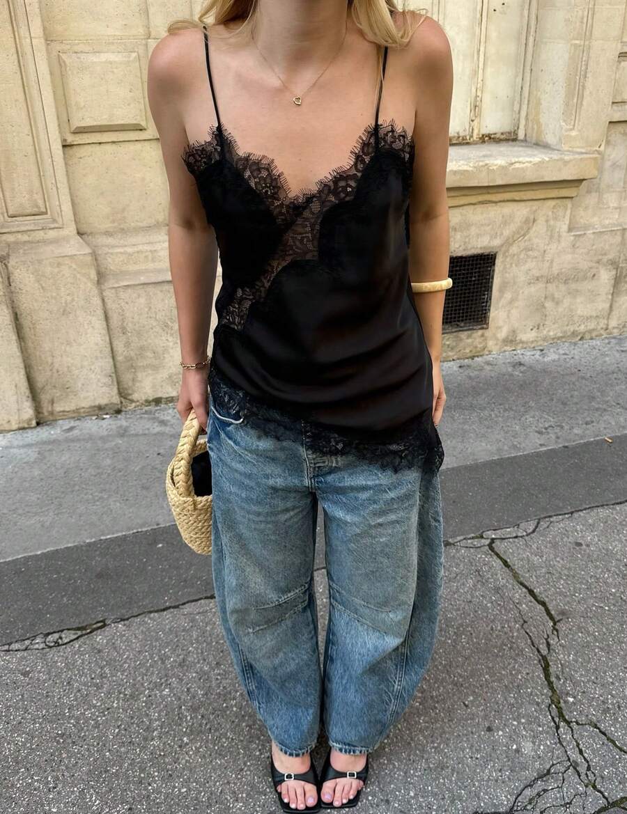 Women Satin Lace Camisole Top Sleeveless Spaghetti Strap Silk Lace Trim Cami Top Asymmetrical Tank Top Streewear - 黑色 - 查看 1