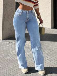 Women's Pocket Straight Tube Loose Casual Versatile Jeans - 淺色水洗藍 - 查看 1