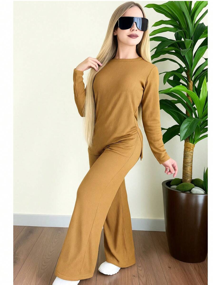 ¡Conjunto que lo tiene TODO!  Dos piezas: blusa de manga larga + pantalón - Camel - Ver 1