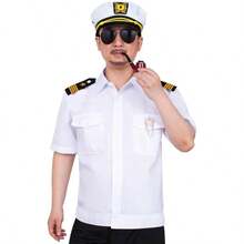 6PCS Men's Yacht Captain Sailor Costume Adult Shirt Hat Accessories Set Party Cosplay - 加大尺寸+白色 - 查看 3