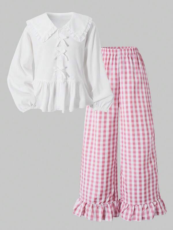 Girl Sweet Ruffled Collar Top And Pink Checkered Ruffled Hem Casual Pants Set, With Bow And Button Design, Fashionable And Cute Two Pieces Set For Campus Vacation And Daily Use