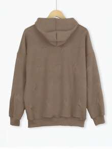 Plus Women's Solid Star Embossed Drop Shoulder Sleeve Drawstring Hooded Pullover Sweatshirt - Khaki - View 4