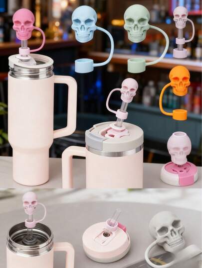 1 Set Of 6 Stylish Halloween Skull - Shaped Silicone Straw Caps, A Must - Have For Party Enthusiasts Seeking A Unique Party Atmosphere
