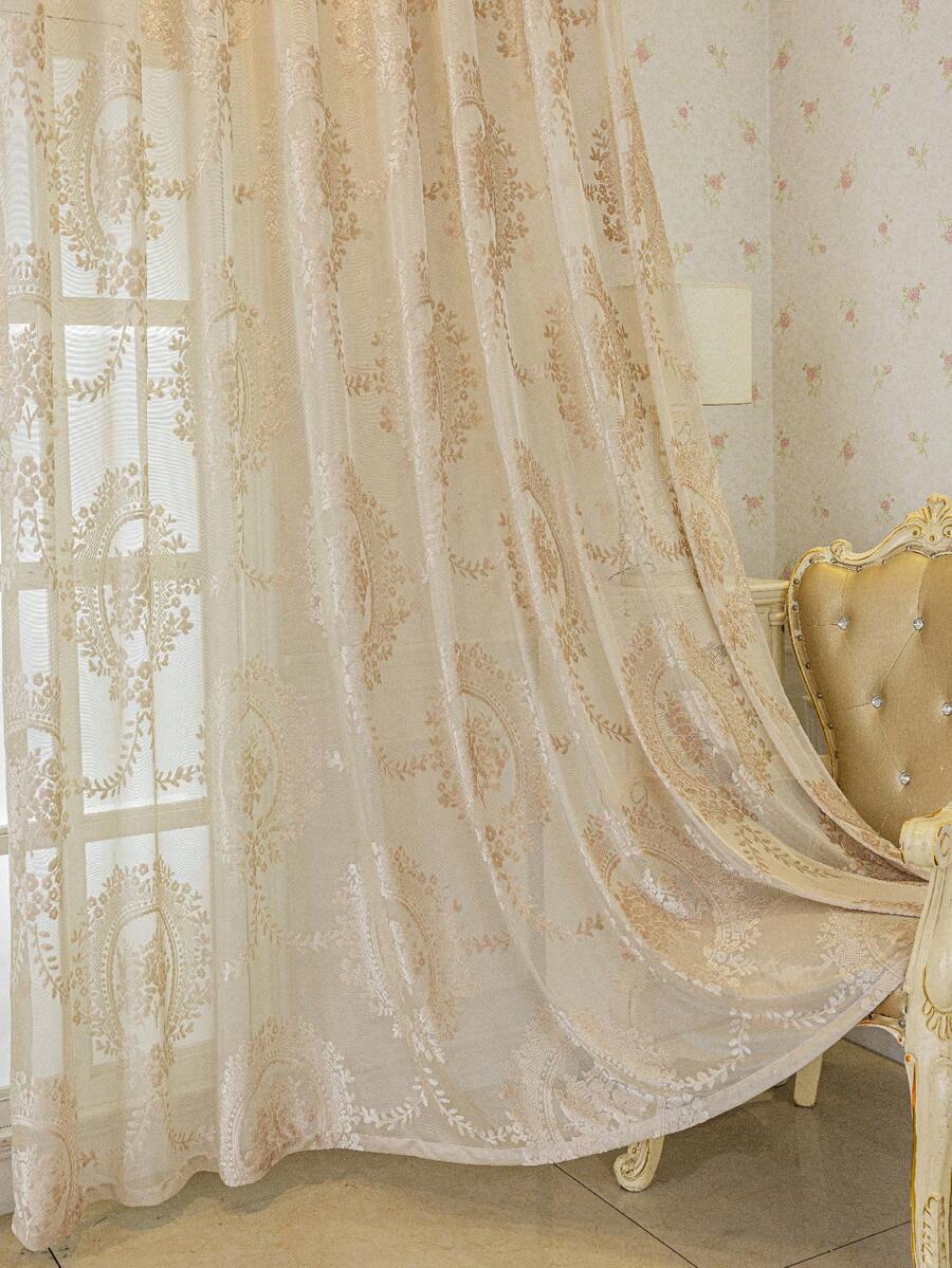 1 件米色提花薄纱窗帘 - 奢华柔软垂坠窗帘,杆袋设计,适用于客厅和卧室 - 轻薄透气的窗帘,客厅窗帘,卧室窗帘 - 米色 - 查看 1