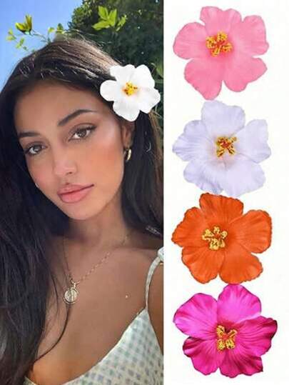 4pcs/Set Hawaiian Flower Hair Clips, Ladies Hibiscus & Mallow Flower Hair Clips, Fashion Artificial Flower Hair Clips, Summer Beach Party Hair Accessories, Bohemian Style Fabric Hair Clips Set, Elegant Ladies Hair Clips, Summer Hair Accessories, Suitable For Girls Gift, Valentine's Day Gift Set, Flat Clips, Hair Clips, Hair Clips, School Supplies,Holiday,Travel