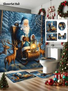 Christmas Decorations1/3/4pcs Santa Claus In The Snowy Forest Shower Curtain Bathroom Set,Poinsettia Reindeer Print Waterproof And Wear-Resistant Accessories,With 12 Hooks - Includes Toilet Seat Cover, Bath Mats, And Rugs Polyester Fabric - Washable - Perfect For Holiday Decor,Home/Bedroom/House/Western/Winter Decor
