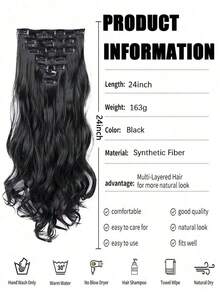 24 Inch 16 Clips Natural Curly Hair Extensions Set, 7 Pieces For Women - Black 1B - View 4
