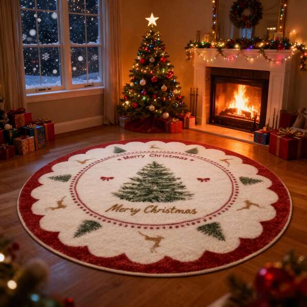 Covor rotund de Crăciun din imitație de cașmir, moale și confortabil, atmosferă festivă, ușor de curățat, antiderapant, potrivit pentru sufragerie, dormitor, birou, hol și alte zone