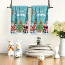 2PCS Christmas Kitchen Towels Merry Christmas Santa Reindeer Tree Multifunctional Towels, Aesthetic Design, Quick Dry, Fine Workmanship,  Suitable For,  Hotel, Picnic, Travel, Winter Decor Gift