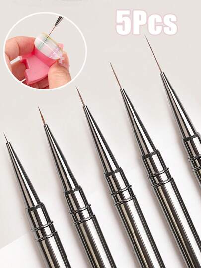 Set de 5 piezas Bolígrafo de estiramiento de uñas ultra fino, Juego de bolígrafos para pintar, Varilla metálica, Borde corto y largo, Pincel para líneas de dibujo y pintura de flores y rayas para arte de uñas, Mango de metal de 6/9/12/15/18mm con funda, Interfaz de tubo de cobre, Varilla metálica de color protectora, No se desliza fácilmente, Agarre cómodo