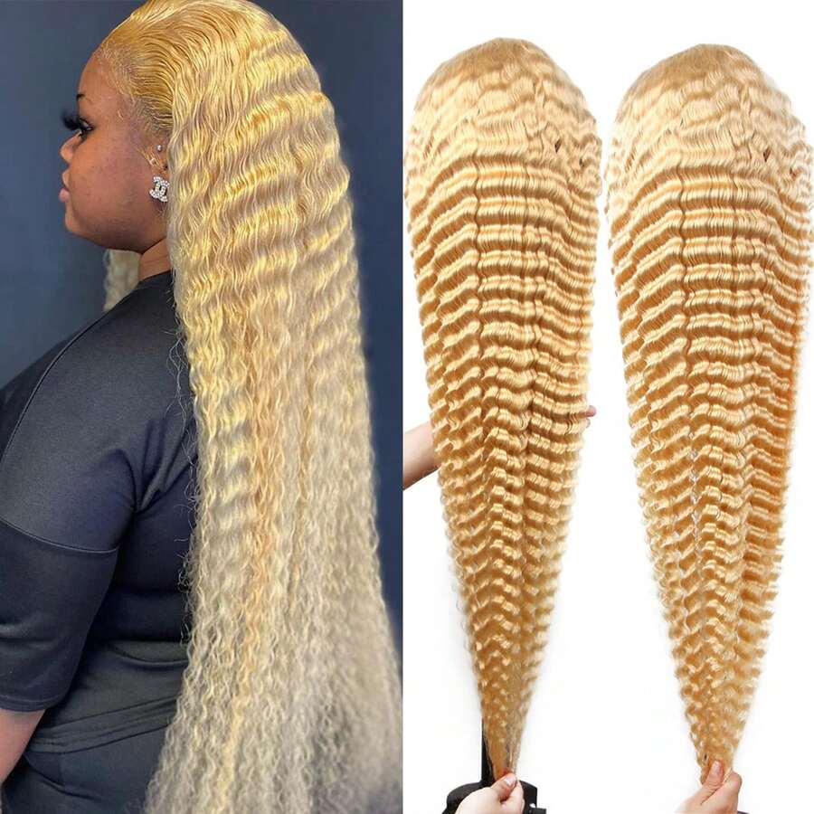 613 Lace Front Wig Human Hair 13x4 Transparent Lace Deep Wave 200 Density Free Part Blonde HD Lace Frontal Wig For Women 28 Inch - S613 - 查看 1