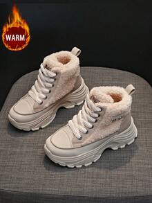1 双高品质女式冬季系带多功能时尚休闲高帮保暖羊毛雪地靴，厚底靴子适合户外运动休闲日常穿着 - 卡其色 - 查看 3
