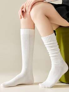 4 Pairs Women's Black & White Minimalist Slim Fit Calf Socks, Warm Long Socks Suitable For Daily Wear With Leather Shoes, Autumn/Winter - Multicolor - View 6