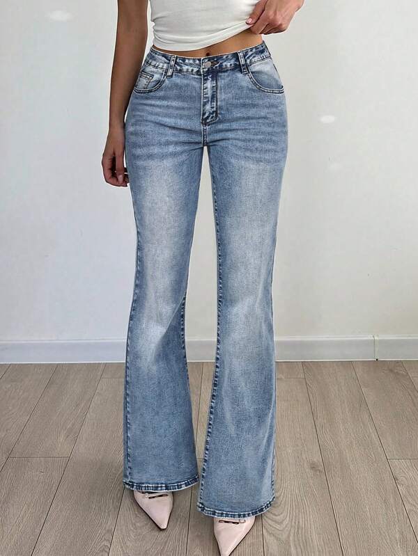 Jeans rectos de pierna larga de mezclilla lavada casual para mujer, de tela elástica para uso diario