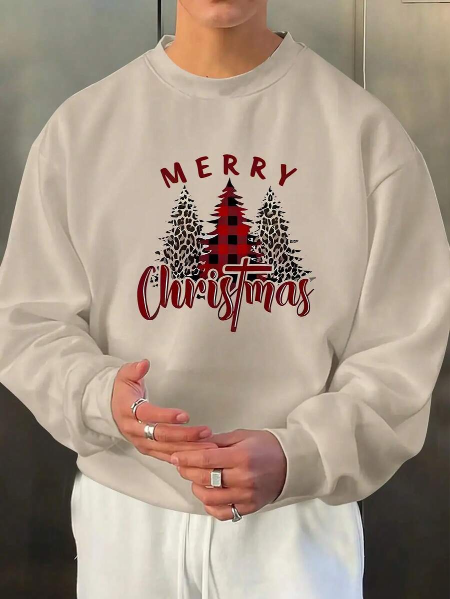 Men's Loungewear 1pc Casual Round Neck Sports Sweatshirt For Men - Merry Christmas Geometric Print, Polyester Long Sleeve Pullover With Slight Elasticity For Hiking And Outdoors, Autumn/Winter Fashion Loose And Comfortable - 杏 - 查看 1