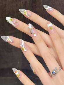 10 piezas de pegatinas de uñas de arte minimalista de dopamina! Dibujos de líneas blancas con forma de almendra con acentos decorativos de colores, diseño sofisticado adecuado para salidas, citas, fiestas, regalos. Reutilizable, para mujeres embarazadas y niños. Incluye 1 pieza de lima de uñas mini