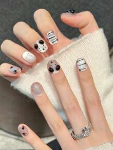 10 piezas Uñas postizas ovaladas cortas hechas a mano para fiestas y uso diario, uñas negras, blanco y negro, cachorrito lindo, ojo de gato brillante, uñas ovaladas, fáciles de usar. 10 piezas de uñas postizas hechas a mano estilo Y2K, uñas lindas, estilo lindo, adecuadas para festivales, fiestas y uso diario de niñas y mujeres