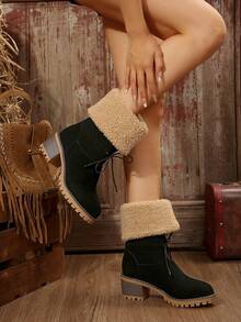 Wintermode Damen High-Heel Stiefel mit dickem Absatz und runder Zehenkappe, mit Schaftrohr und wärmender gepolsterter Fütterung, Fellstiefel - Schwarz - Übersicht 4