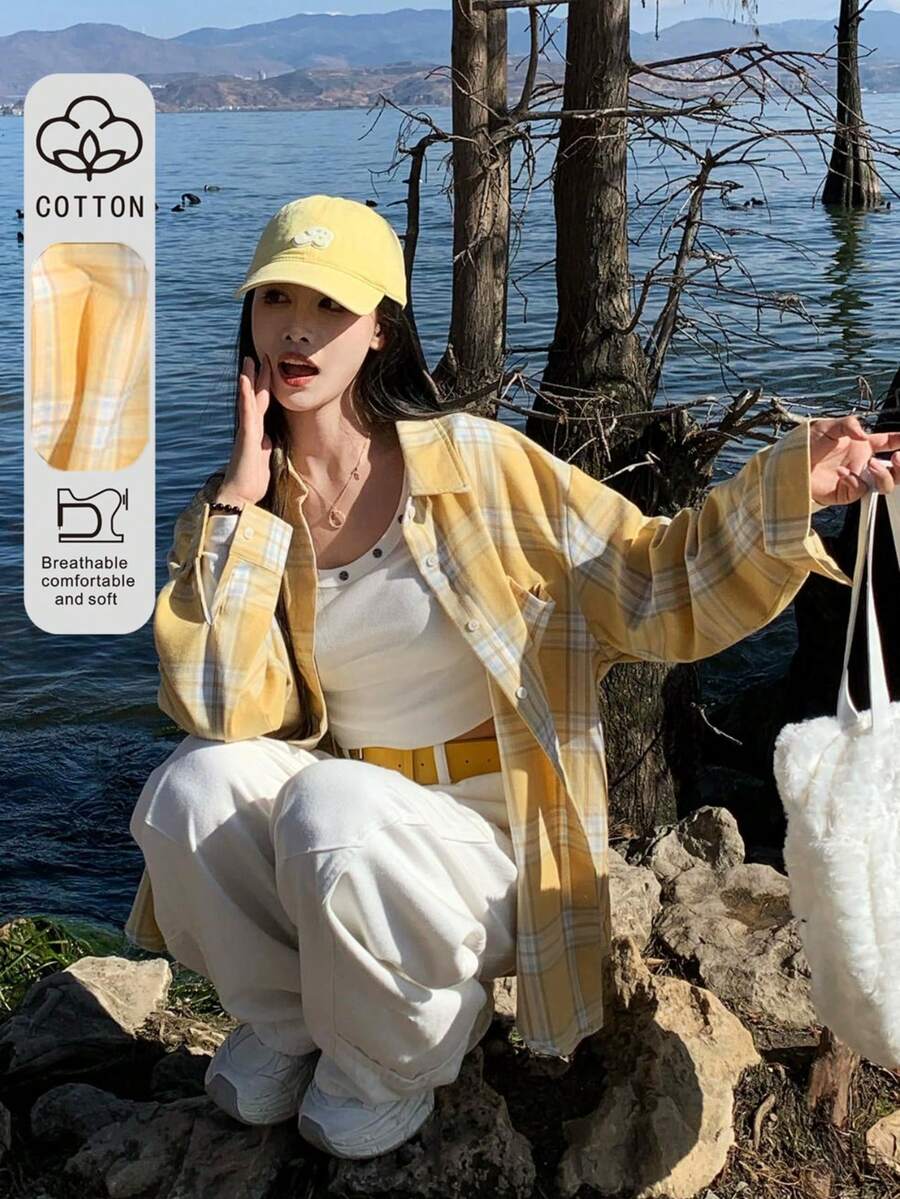 Chaqueta-camisa de manga larga a cuadros retro para mujer, nueva llegada de primavera - amarillo ganso - Ver 1