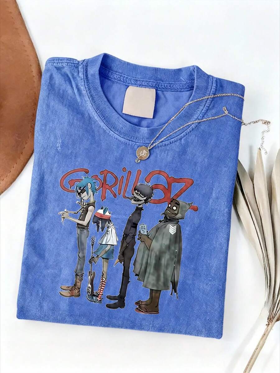 Vintage 90s Y2K Graphic Cotton T-Shirt - Distressed Washed Brown Crew Neck Tee For Men & Women, Punk Rock Music Band Design, Casual Summer Wear - Màu xanh lam - Xem 1