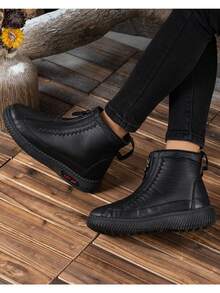 Winter Warm Velvet Women's Boots, Retro Stitching Side Zipper Leather Short Boots, Non-Slip Soft Sole Middle-Aged Mother Comfortable Boots