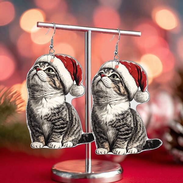 1 Pair Cute Cartoon Cat Ear Earrings With 2D Santa Hat, Suitable For Christmas Wear