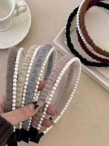 1 pieza Diadema elegante de doble capa con perlas falsas para mujer, accesorio de cabello artístico y de alta gama