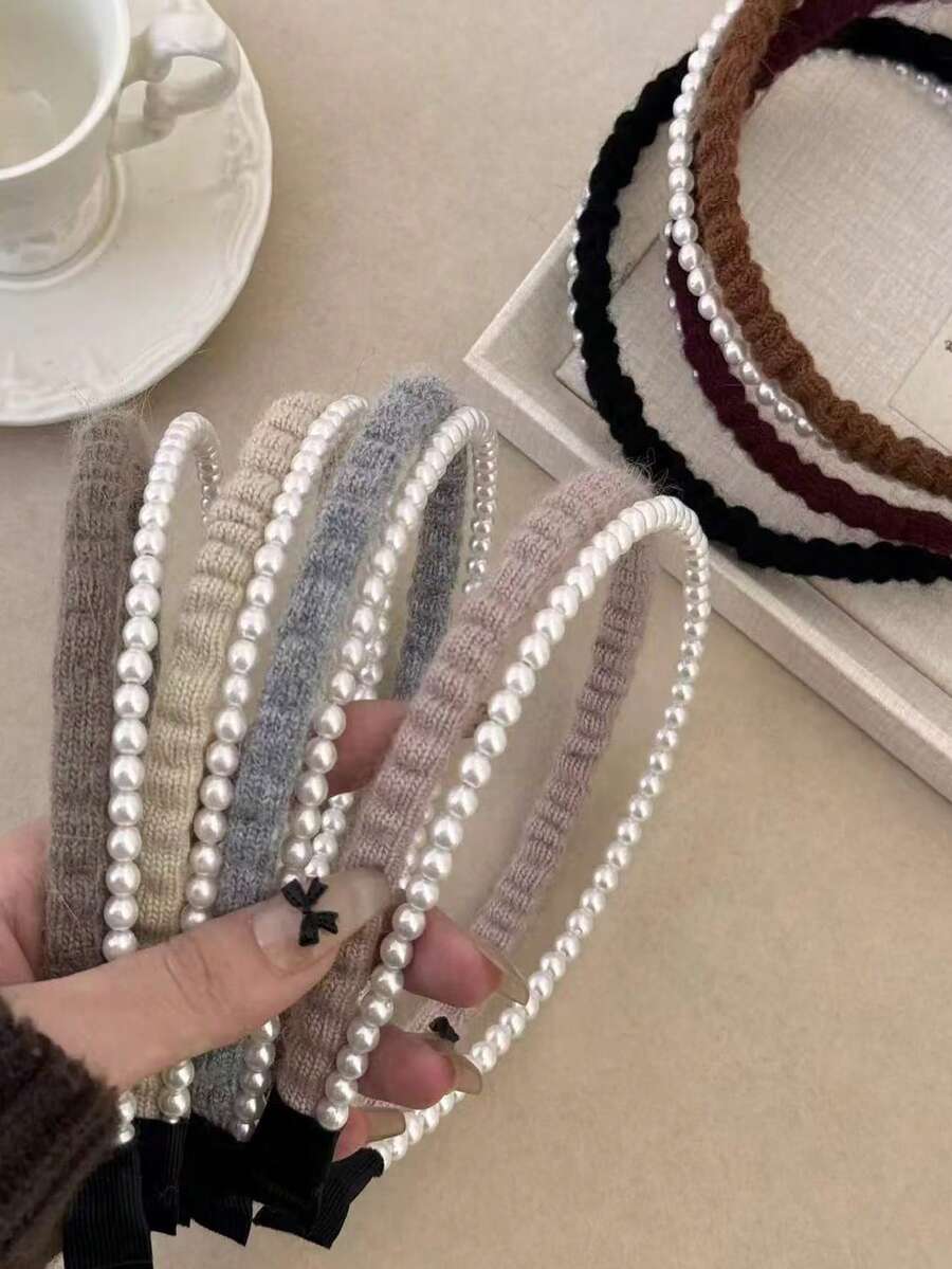 1 pieza Diadema elegante de doble capa con perlas falsas para mujer, accesorio de cabello artístico y de alta gama