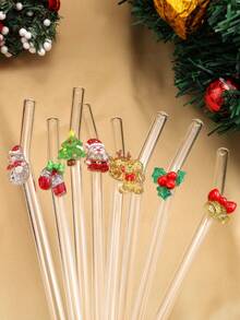 1支【圣诞限量版】可重复使用玻璃吸管（圣诞老人/驯鹿/魔杖/圣诞树/姜饼人/雪人/铃铛/冬青叶）| 无铅，适用于鸡尾酒/珍珠奶茶/冰饮 | 圣诞派对/婚礼/野餐/家居装饰的完美之选 - 彩色 - 查看 5