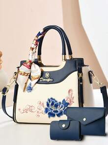 女士手提包三件套，优雅几何印花，人造革材质，包括手拿包和丝巾 - 綠色 - 查看 11