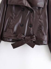 Solid Color Lapel Belt Short Faux Leather Windbreaker, Spring/Autumn - Brown - View 5