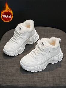 1 双女式休闲保暖厚底运动鞋，圆头系带户外冬季皮鞋