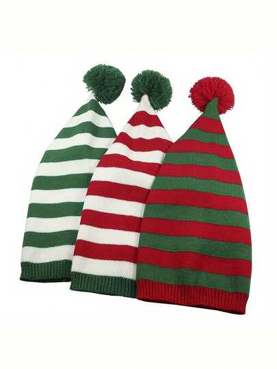 Gorro de malha de Natal, gorro de lã listrado de inverno e outono com pompom, gorro de malha de Natal